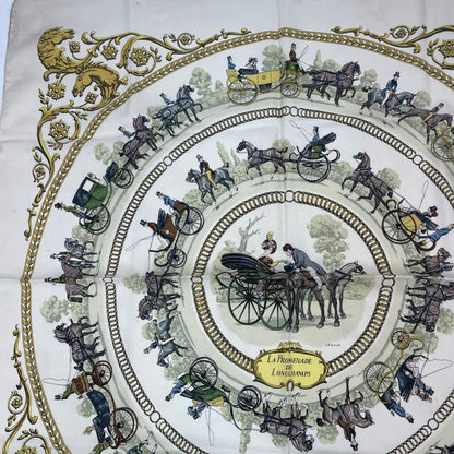 Hermes Carre 90 Promenade LA Promenade DE Longchamps Scarf Silk White