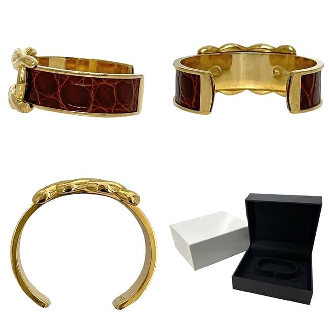 Hermes Bangle Gold Brown Excellent Condition GP Croc Used Hermes