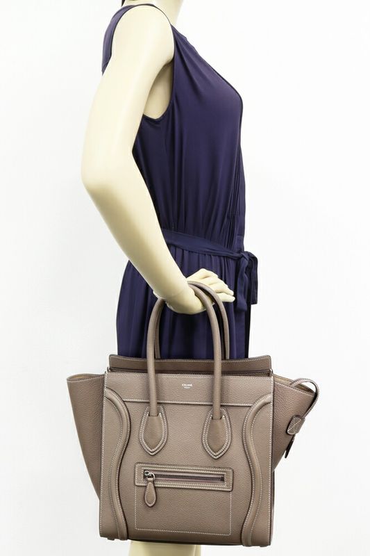 Celine Tote Handbag Luggage Micro Shopper Drummed Calfskin Pickpocket (gray)