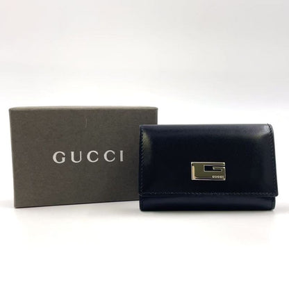 Gucci G Logo Leather Black Key Case Silver 0330416