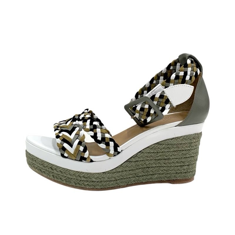 Hermes Sandals Shoes Leather Suede Khaki White Black Braided Wedge Sole