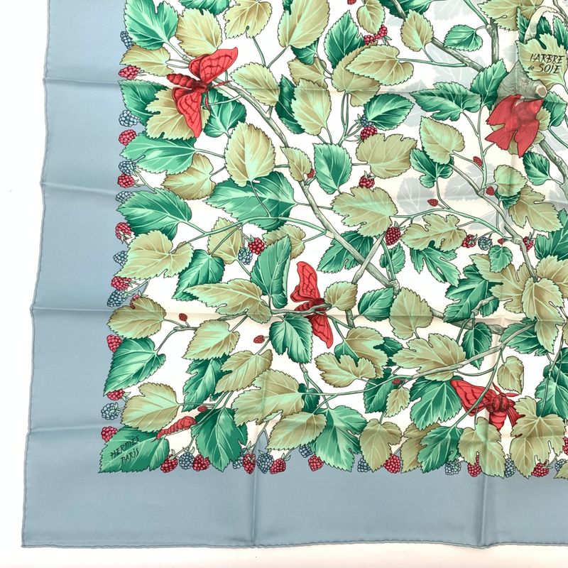Hermes Scarf Carre 90 L'arbre De Soie Silk Tree Mulberry Tree And Silkworms Blue