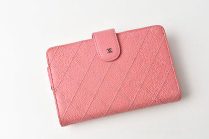 Chanel Wallet Chanel 2 Fold Wallet Leather Quilted Stitching Rose Silver