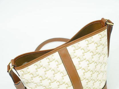 Authentic Celine Triomphe Small Bucket Shoulder Bag Pochette PVC White Brown