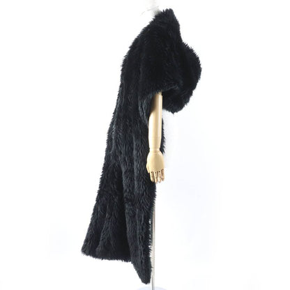 Balenciaga 719232 Faux Fur Large Shawl With Logo Tag And Hood Black 156 X 48cm
