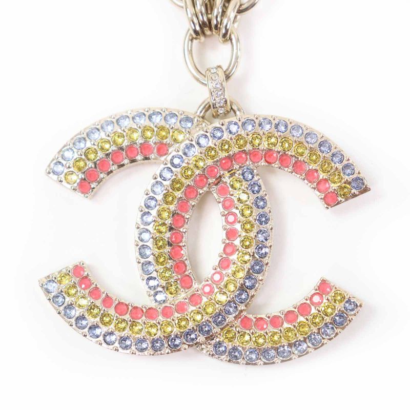CHANEL A23C Large Rainbow Rhinestone Coco Mark Chain Necklace Multi Gold With
