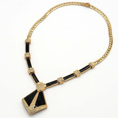 Christian DIOR Necklace Onyx Rhinestone Approx 61g Gold Color Accessories With