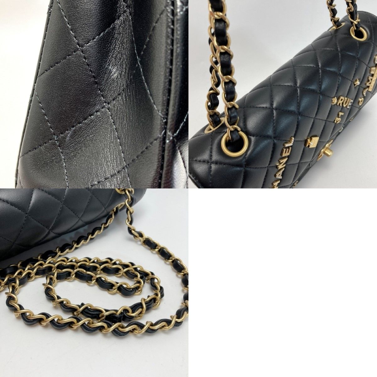 Chanel Matelasse W Flap Icon Charm Chain Shoulder Bag A01112 Black Lambskin