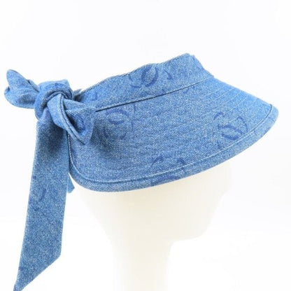 Chanel CC Denim Hat Sun Visor Ribbon Tie Wide Brim Bucket Cap Vintage