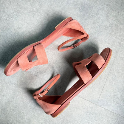 Hermes Santoni Strap Sandals Flat Shoes Coral Orange Suedeleather 38 25cm