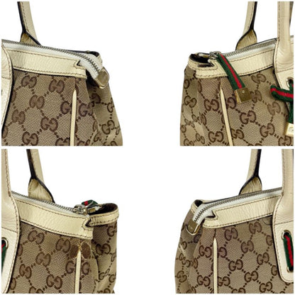 Gucci Tote Bag Brown Beige Ivory GG Canvas Sherry Line Ribbon