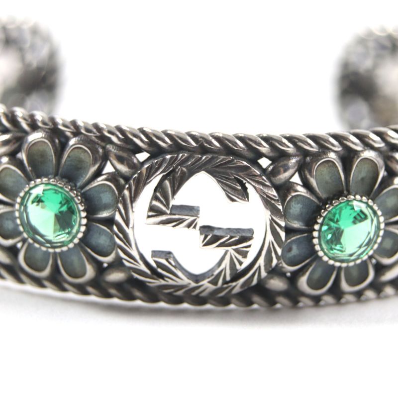 Gucci Crystal Floral Interlocking G Bangle Bracelet Ag925 Silver Green 16 With