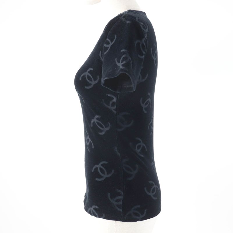 CHANEL Vintage 96P Cotton Coco Mark Design Velour Short Sleeve Top Black 40