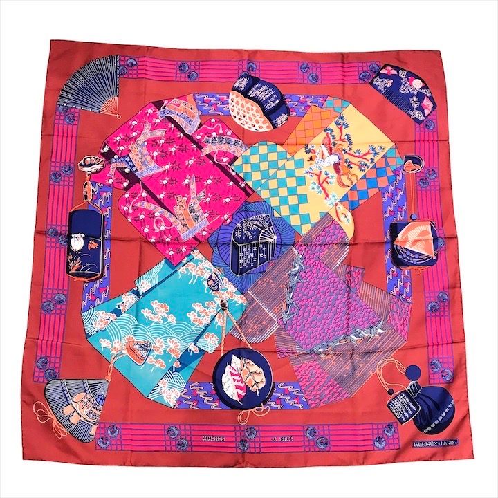 Hermes Carre 90 Scarf Silk 100% Kimono and Inro Red