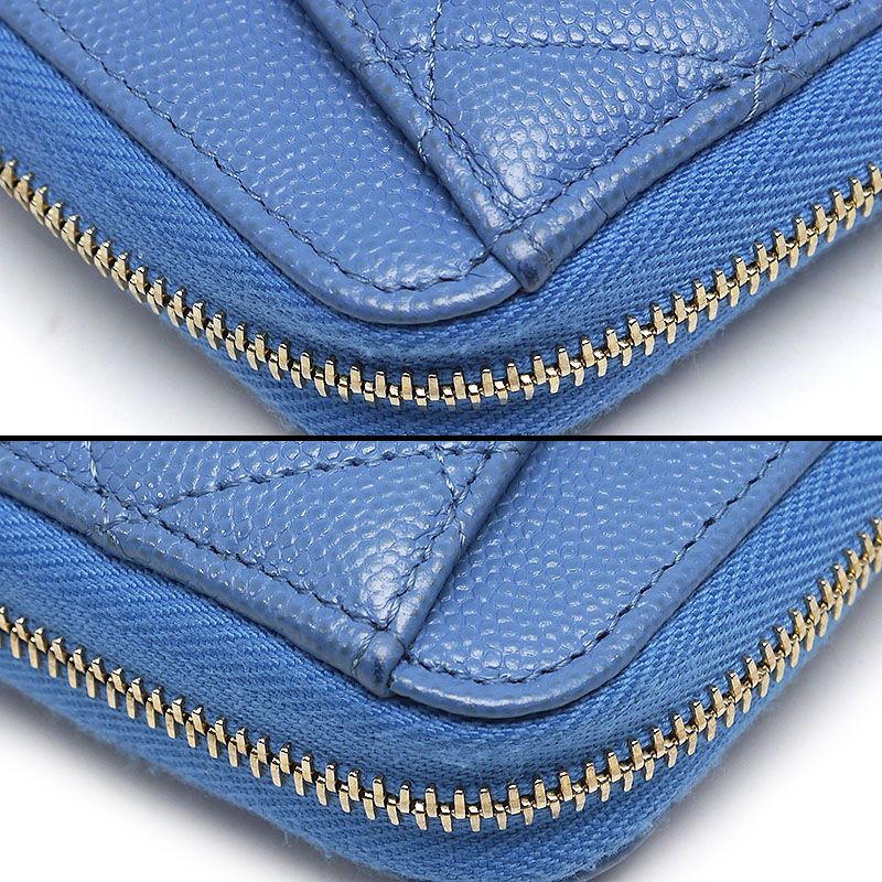 Chanel Round Zip Long Wallet Matelasse Caviar Skin Blue