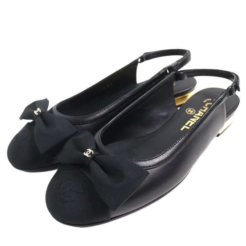 CHANEL G45689 Coco Mark Ribbon Sling Back Lamb Leather Pumps Shoes Black 35.5