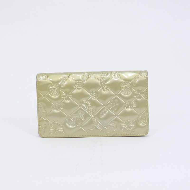 Chanel Bifold Long Wallet Enamel Light Yellow Wallet Silver