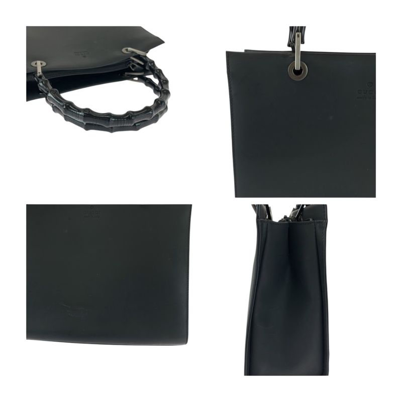 Gucci Bamboo Black Silver Hardware Leather 002 1010 Tote Bag Handbag Women