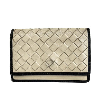 Bottega Veneta Business Card Holder Intrecciato Ivory And Black Leather