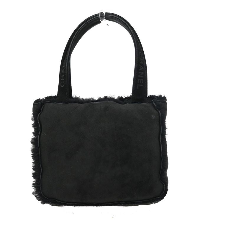 Chanel Handbag Logo Fur Bag Black Leather 34ka824