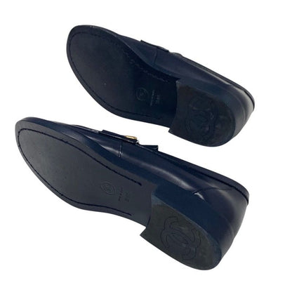 Chanel Loafer Leather Shoes Leather Navy White Gold Here Mark