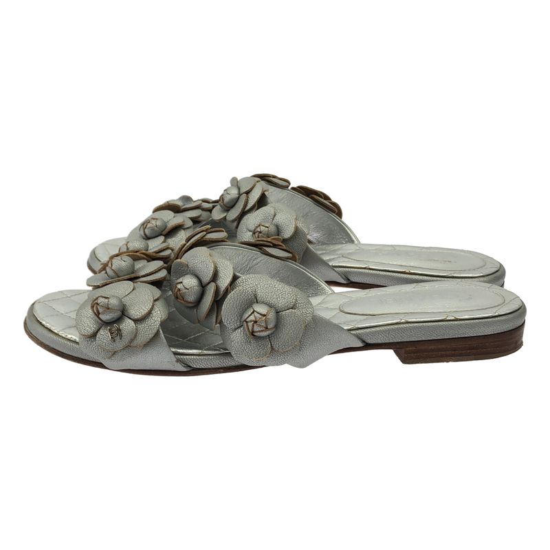 Chanel Camellia Flower Mule Sandals Silver 35