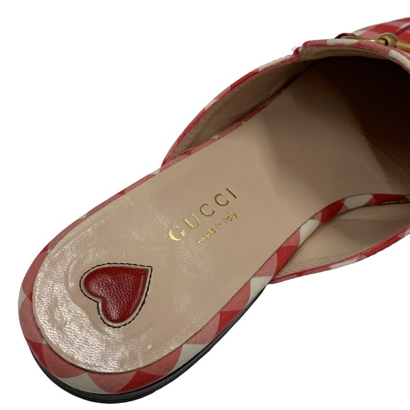 Gucci Prince Town Flat Shoes Fabric Red White Gold Mule Slipper Sandals Check