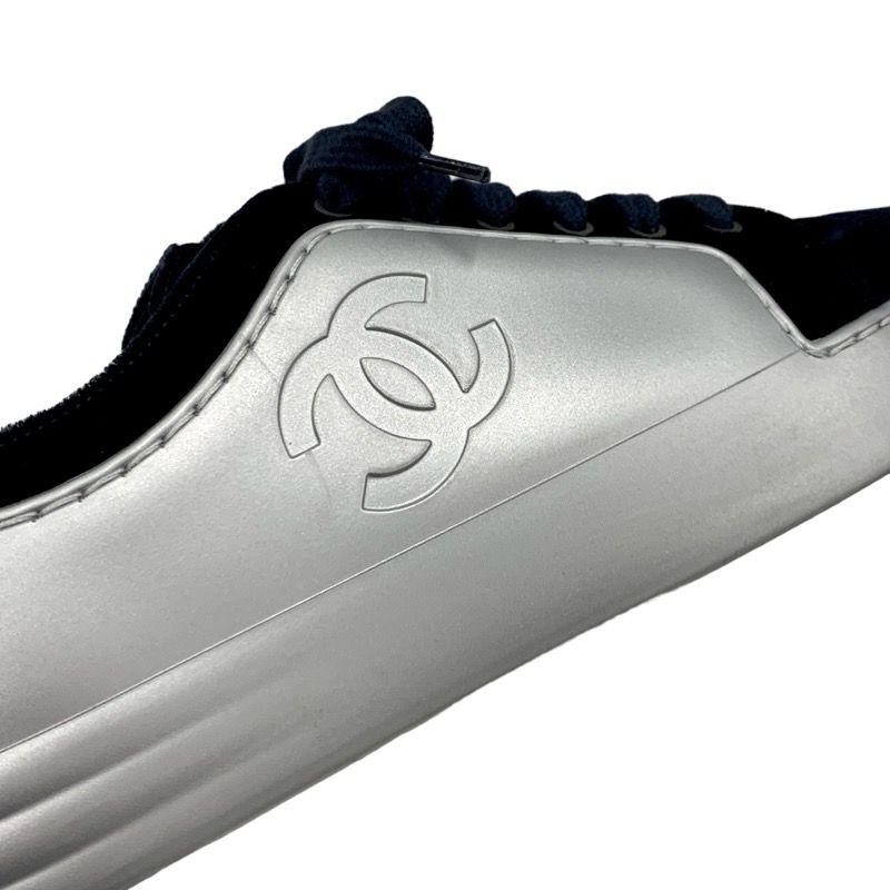 Chanel Sneakers Shoes Velor Leather Silver Navy Here Mark