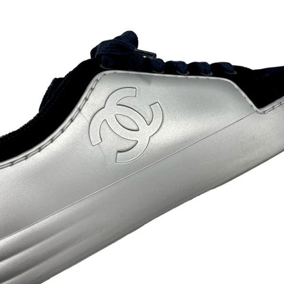Chanel Sneakers Shoes Velor Leather Silver Navy Here Mark