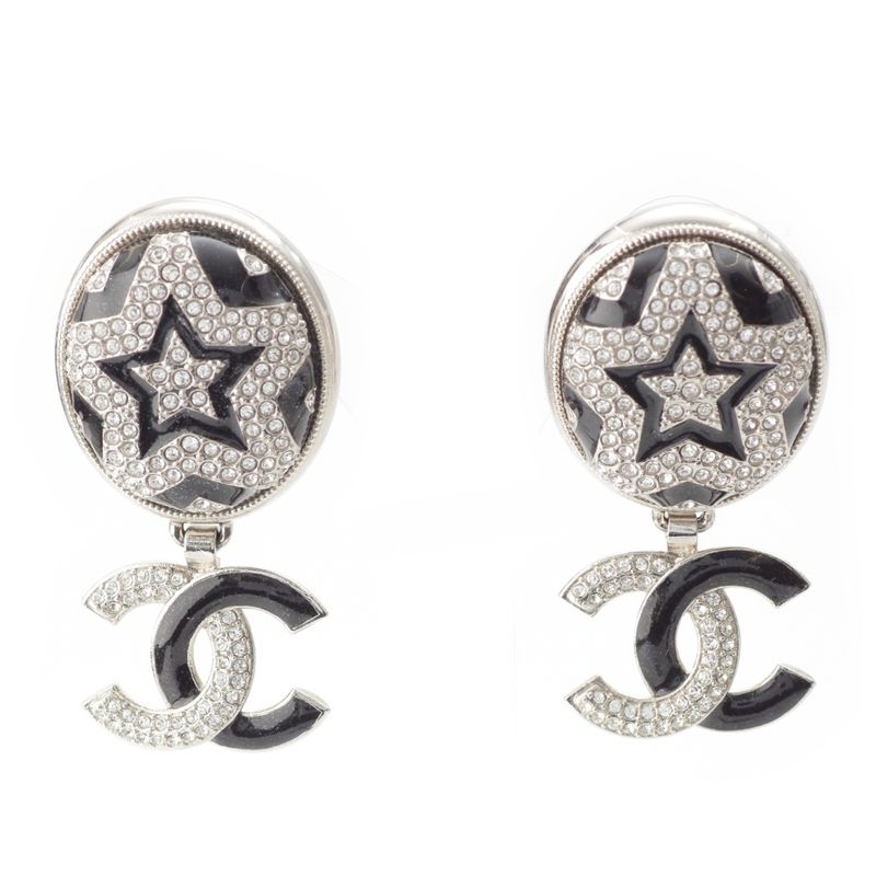 Chanel A23K Rhinestone Coco Mark Star Earrings Accessories GP Silver Black