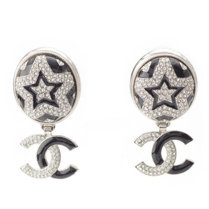 Chanel A23K Rhinestone Coco Mark Star Earrings Accessories GP Silver Black