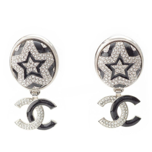 Chanel A23K Rhinestone Coco Mark Star Earrings Accessories GP Silver Black