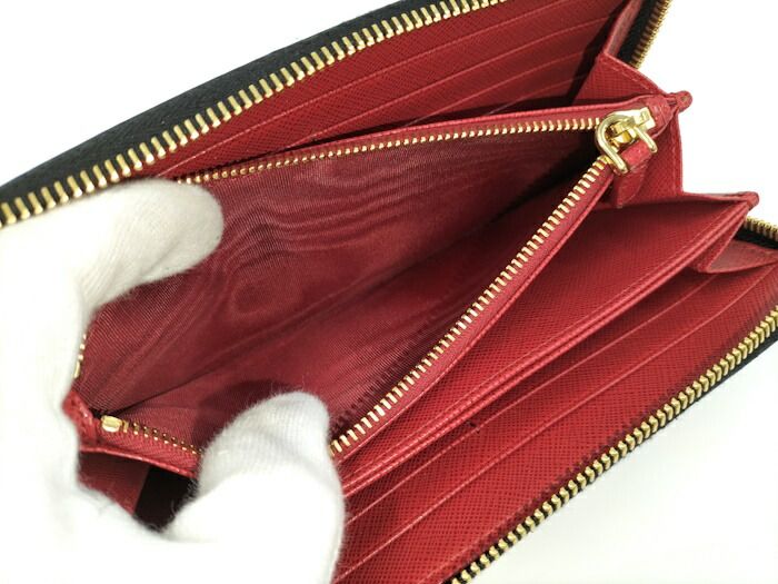 Prada Round Zipper Long Wallet Rose Saffiano Leather Black 1ml506