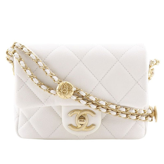 Chanel Matelasse Flap Shoulder Chain Shoulder A35200 Caviar Skin White/gold