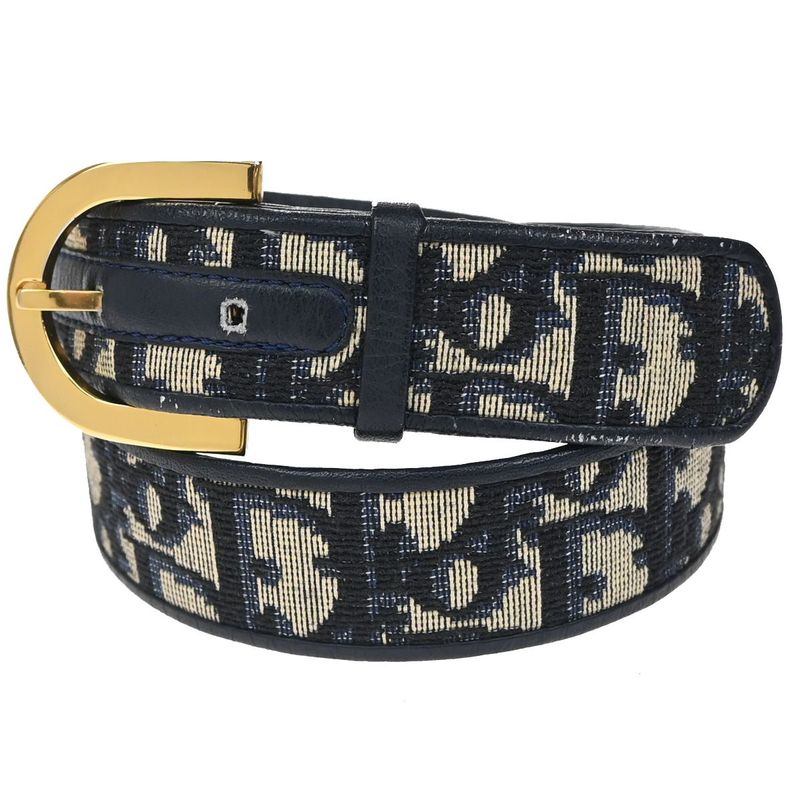 Christian DIOR Belt Logo Canvas Leather 65 Navy 69bs267