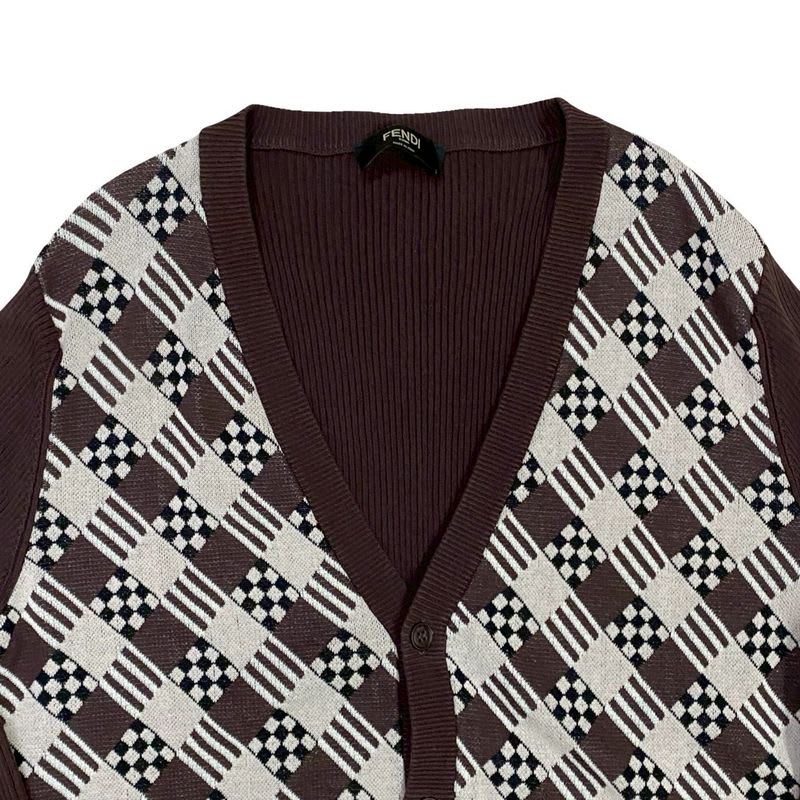 Fendi All-over Pattern Rib Knit Cotton V-neck Cardigan Men's Size 48 Brown