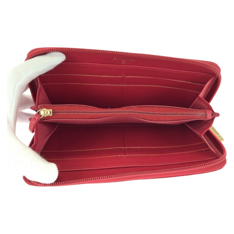 Chanel Coco Mark Red Gold Hardware Leather Long Wallet Round Zipper Ladies