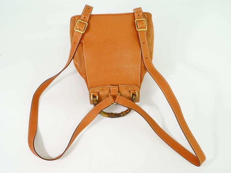 Authentic Gucci Bamboo Backpack Sac Backpack Suede Leather Orange Bamboo Bag