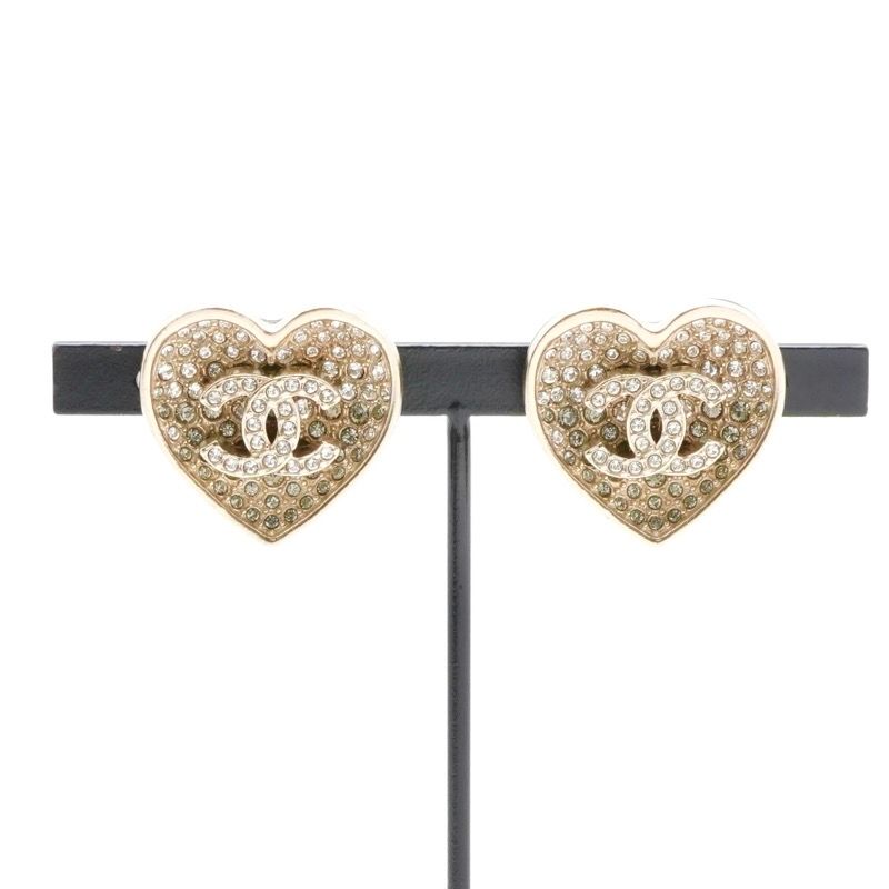 Chanel Earrings Earring Gold Black Coco Mark Rhinestone Heart