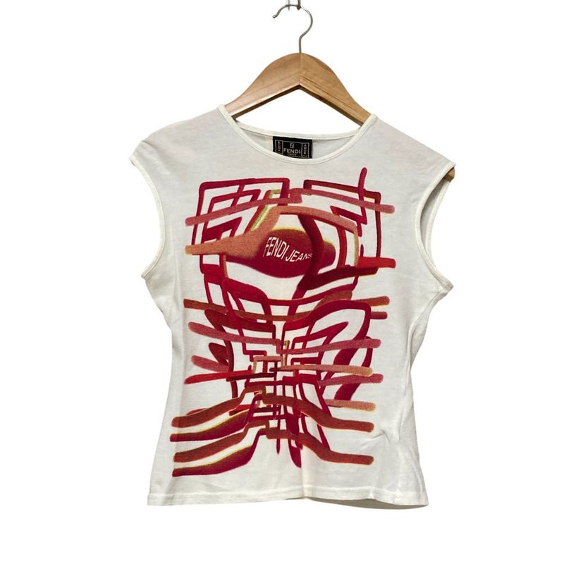 Fendi Jeans Fendi Logo Print Crew Neck Sleeveless Cut and Sewn T-Shirt I42