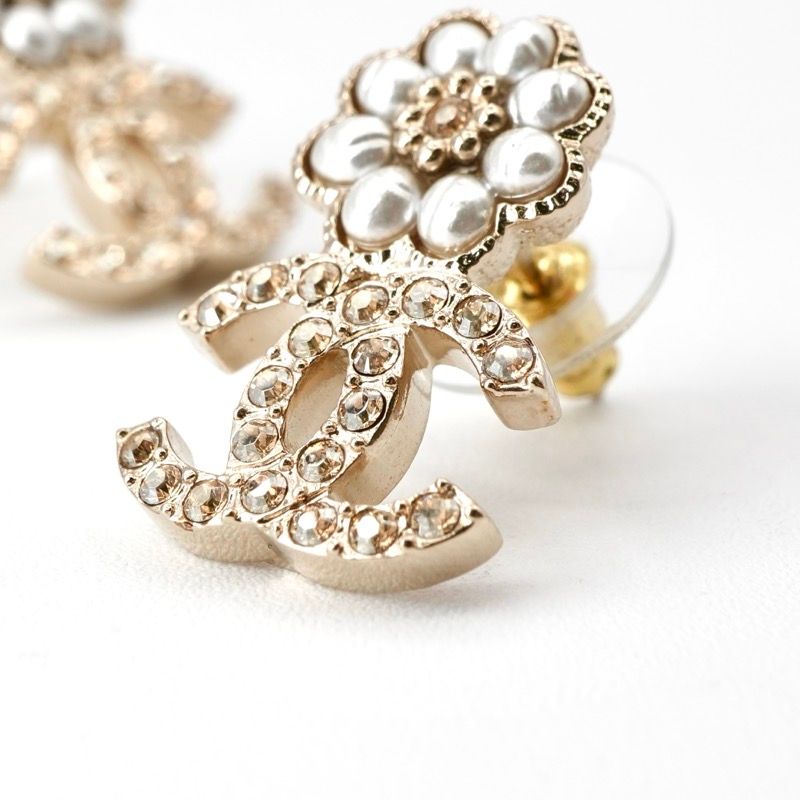 Chanel Earrings Earring Gold White Coco Mark Flower Rhinestone