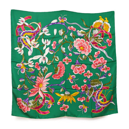 Chanel Silk Scarf Green Flower Floral Pattern Butterfly Coco Mark