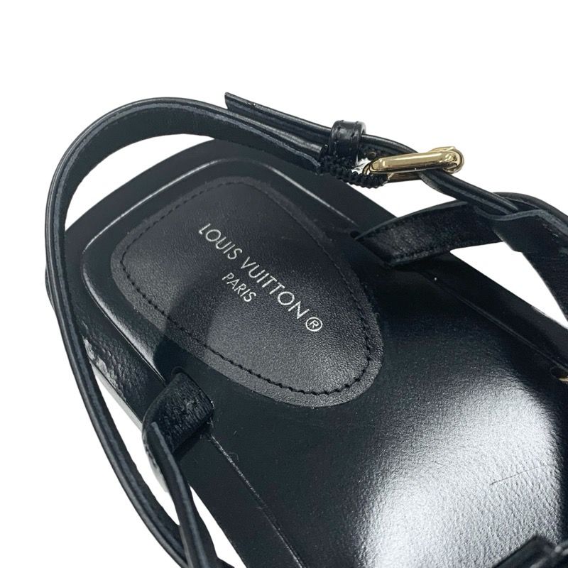 Louis Vuitton Peplum Line Sandals Shoes Leather Black Gold Black Ribbon Flat