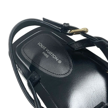 Louis Vuitton Peplum Line Sandals Shoes Leather Black Gold Black Ribbon Flat