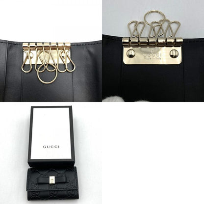 Gucci 388682 Key Case Leather Silver Hardware Ribbon Black Ladies Simple Fashion