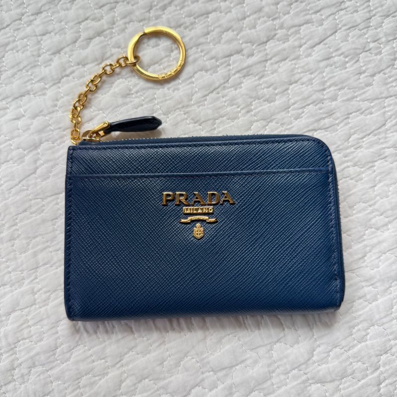 Prada Saffiano Leather Coin Case with Key Ring Navy Gold Hardware 1pp122 Bruette