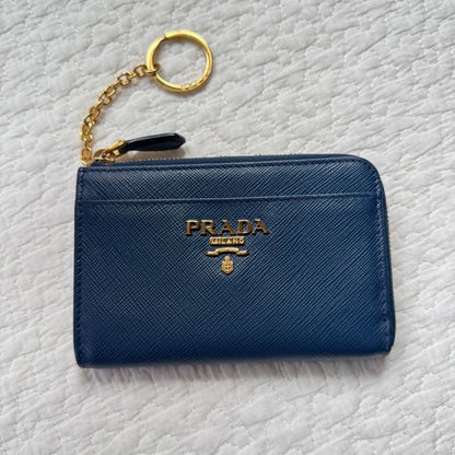 Prada Saffiano Leather Coin Case with Key Ring Navy Gold Hardware 1pp122 Bruette