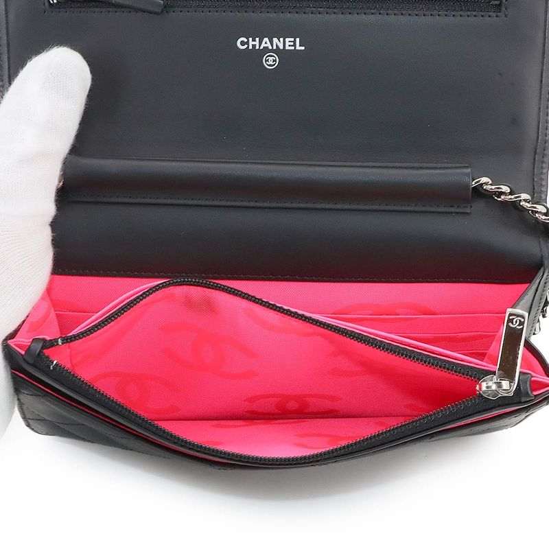 Chanel Cambon Line Chain Wallet Foldable Long Wallet Leather Enamel Black