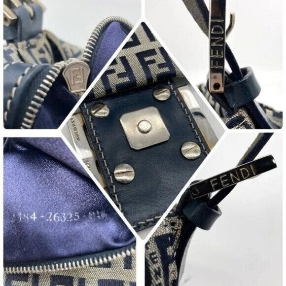 Fendi Mamma Zucca Bucket Baguette Navy Tan Flap Bag Purse Tote FF