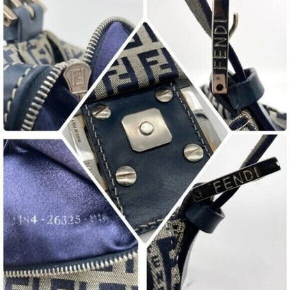 Fendi Mamma Zucca Bucket Baguette Navy Tan Flap Bag Purse Tote FF
